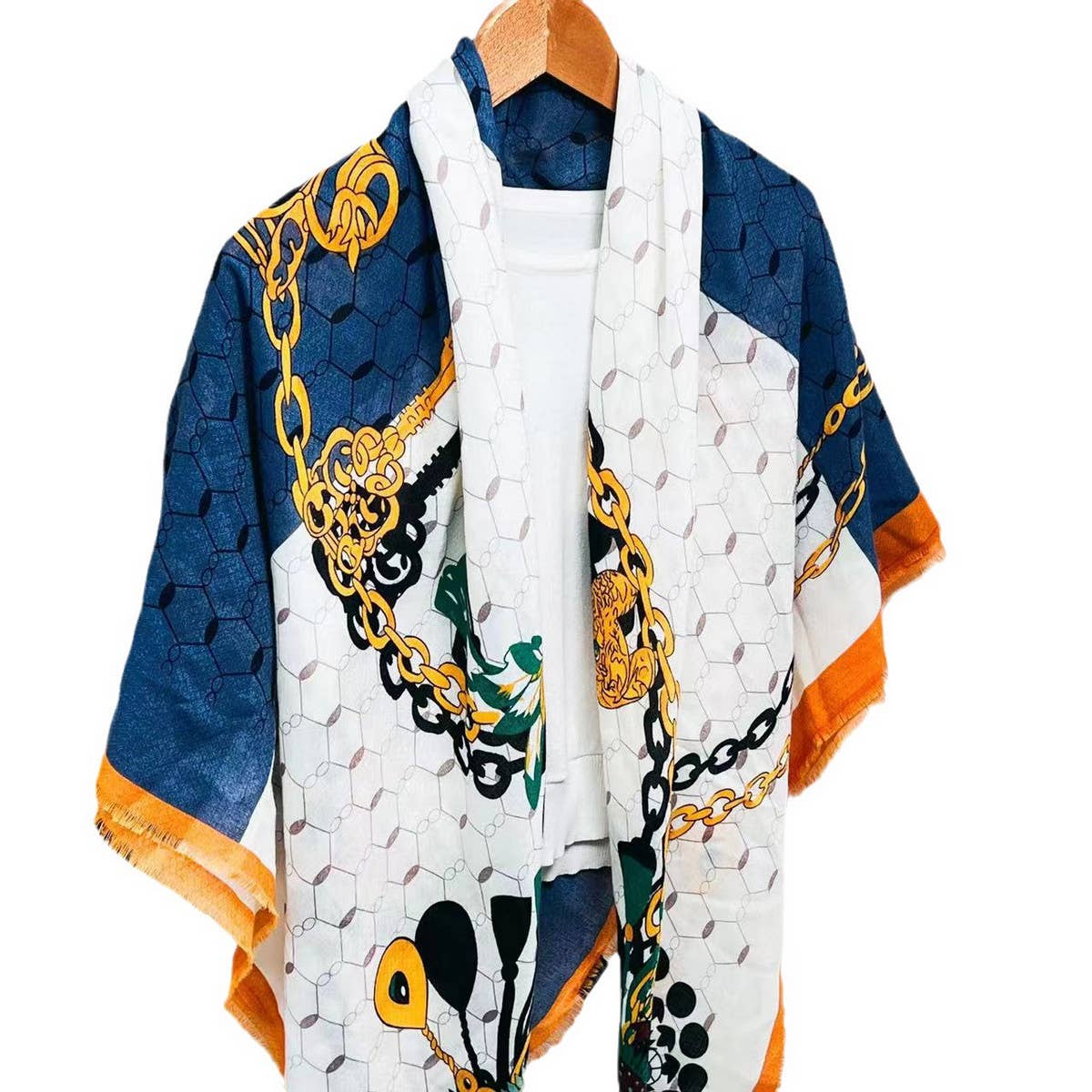 Chain Print Silk Wool Scarf ??Luxury Travel Shawl_CWASC0895