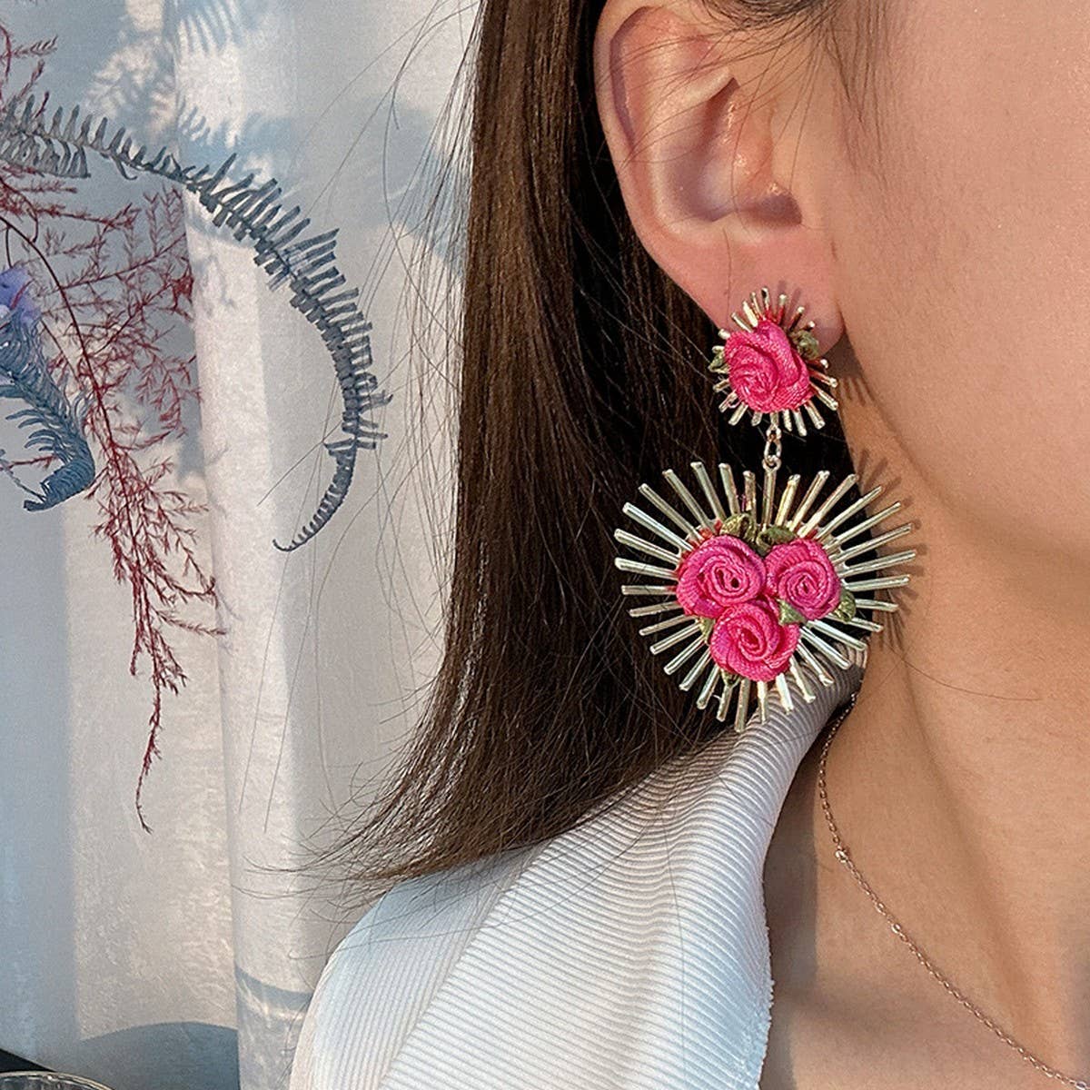 Handmade Fabric Flower Heart Earrings for Women