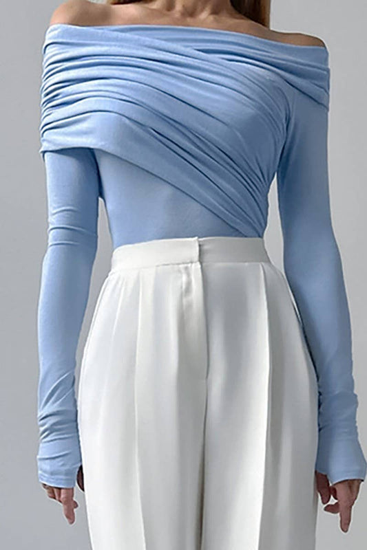 CWTBLL00584_BOAT NECK PLEATED SOLID COLOR LONG-SLEEVED TOP