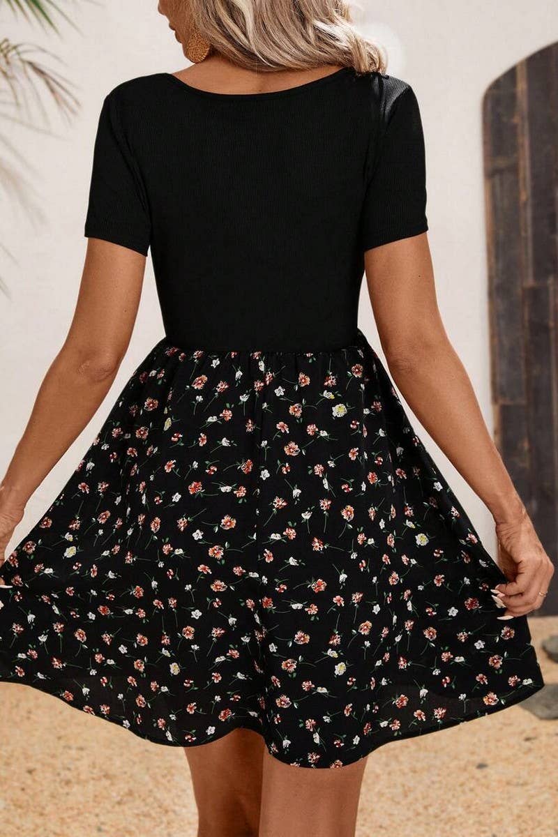 CWDSD10531_ROUND NECK PRINTED PATCHWORK DRESS