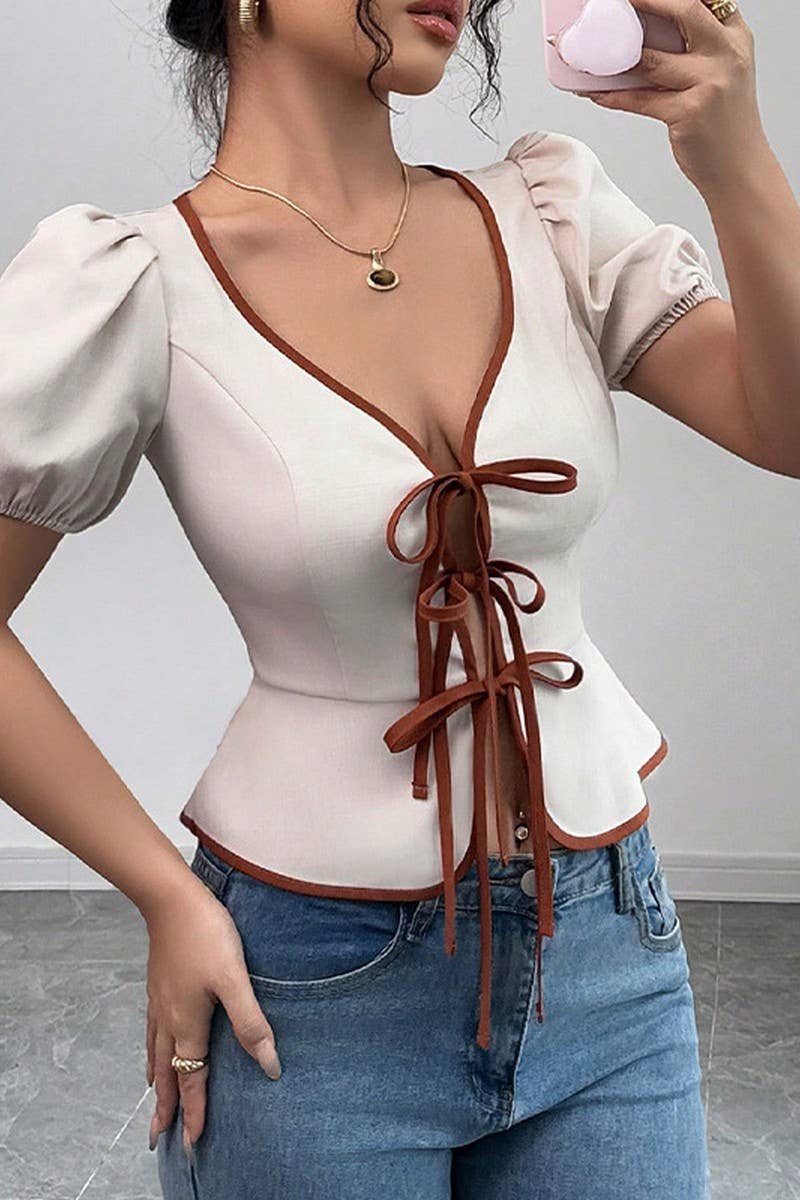 CWTBLS2020_V-NECK TIE FRONT FITTED SHORT SLEEVE SHIRT