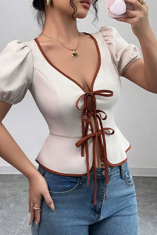 CWTBLS2020_V-NECK TIE FRONT FITTED SHORT SLEEVE SHIRT