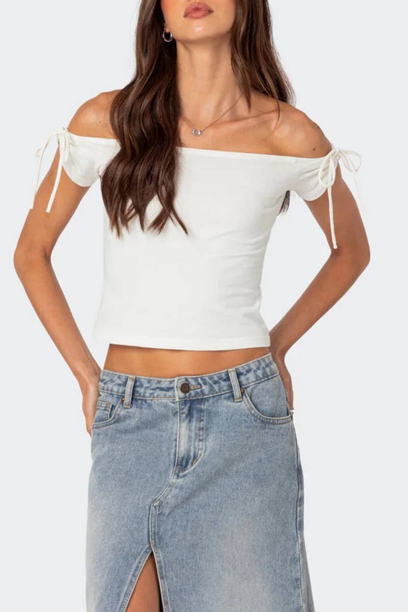 CWTBLSL0931_OFF SHOULDER SLEEVELESS TIE FRONT SEXY TOP