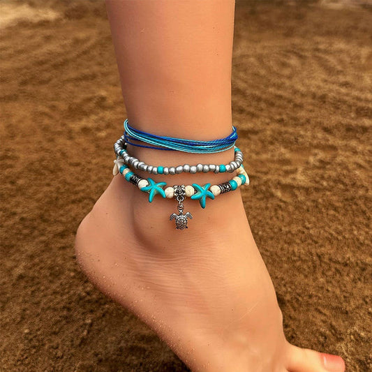 Boho Starfish Anklet Handmade Turtle Beaded Design_CWMM6356