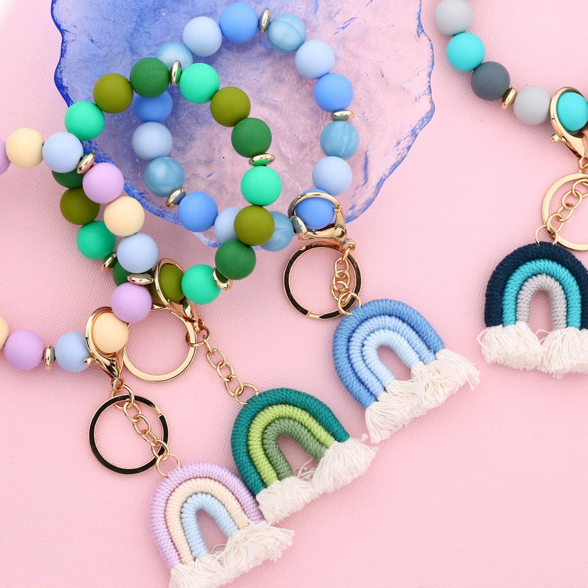 Rainbow Tassel Keychain with Colorful Bead Bracelet_CWAB5071