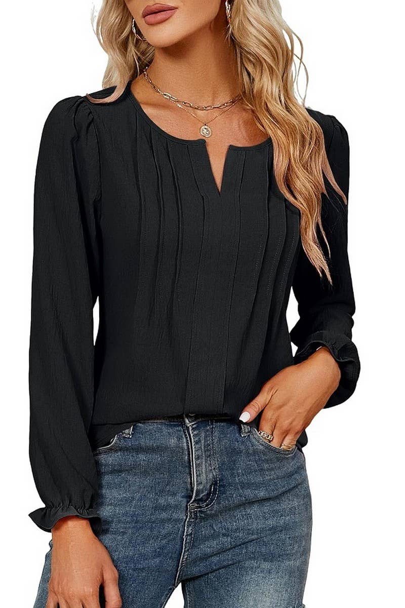 CWTBLL4004_SOLID V-NECK LONG SLEEVE PLEATED CHIFFON BLOUSE