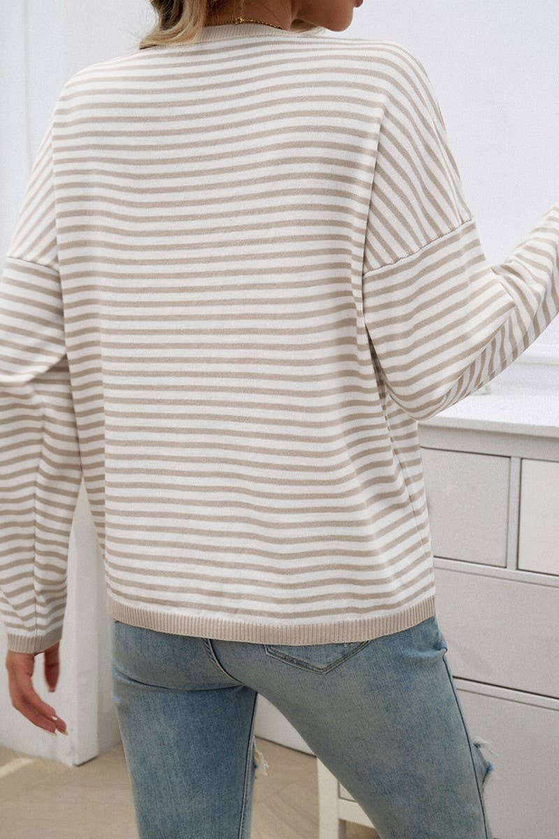 CWOSWL2129_CASUAL ROUND NECK STRIPED KNITTED SWEATER