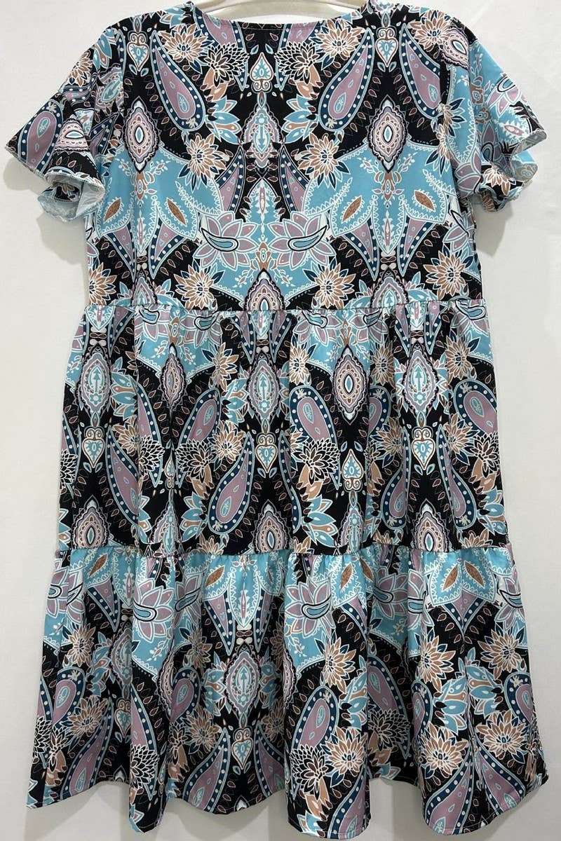 CWDSD10879_V NECK RUFFLE SLEEVE FLORAL TIERED DRESS