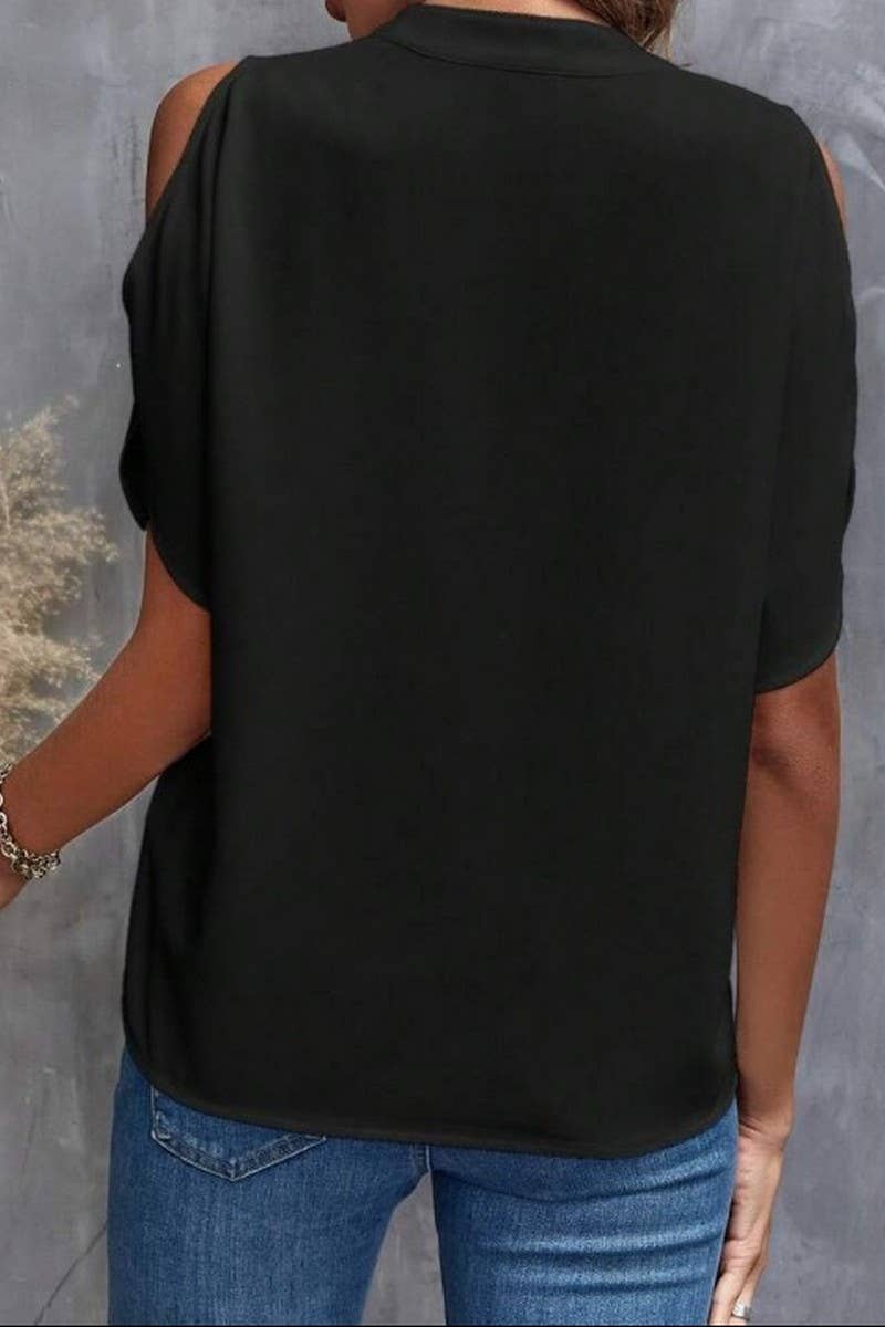 CWTBLS0609_SOLID COLOR V NECK OFF SHOULDER LOOSE CHIFFON TOP