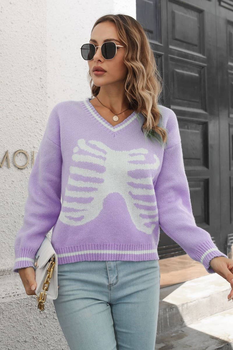 CWOSWL3896_SKULL JACQUARD V-NECK LONG SLEEVE KNITTED SWEATER