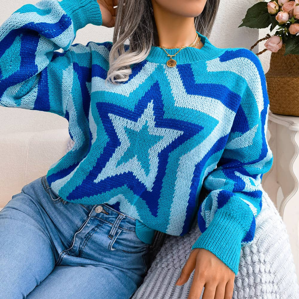 CONTRASTING STAR LONG-SLEEVED PULLOVER SWEATER