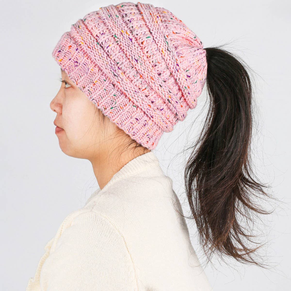 CWAHA07209_WINTER PONYTAIL HAT FASHIONABLE CABLE BEANIE