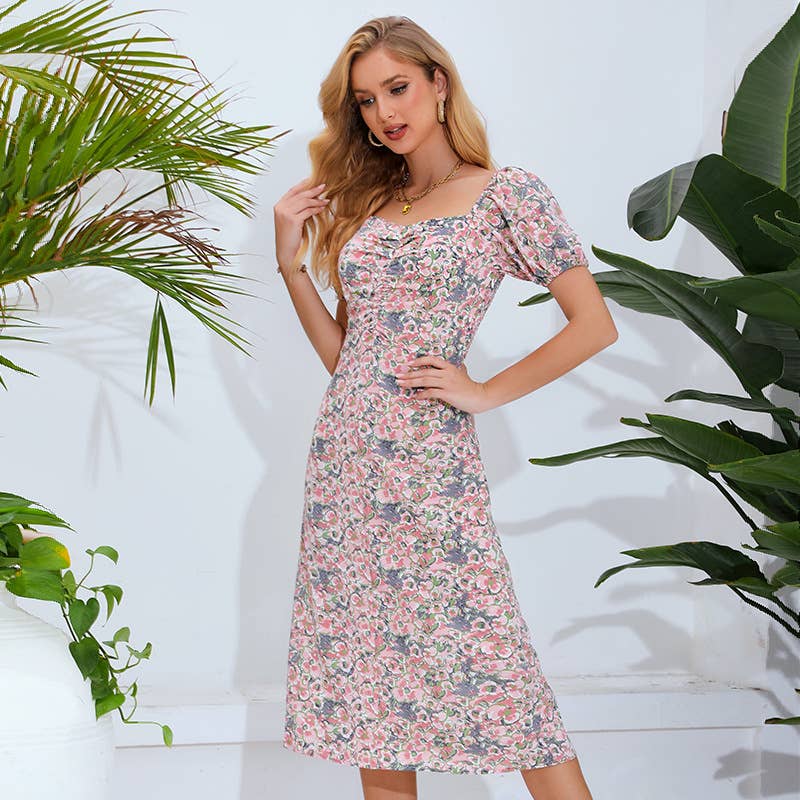 BOHO SHORT-SLEEVED DRESS WITH SQUARE COLLAR PRINT