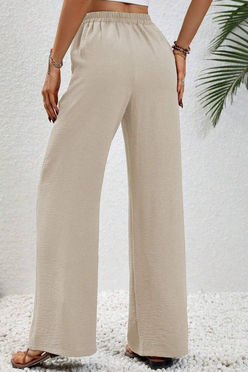 CWBMP0139_SUMMER CASUAL SOLID COLOR LACE-UP WIDE-LEG PANTS