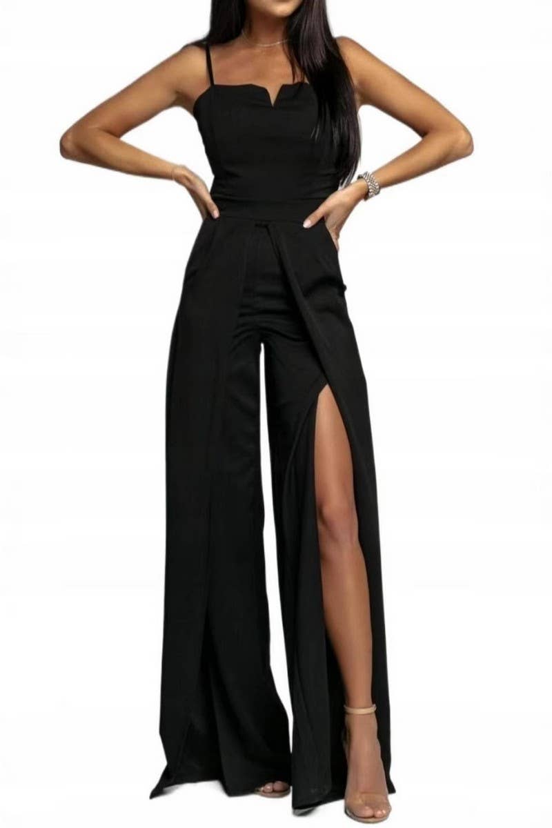 CWSJS1697_SOLID SLIM SPLIT LEG STRAPLESS JUMPSUIT