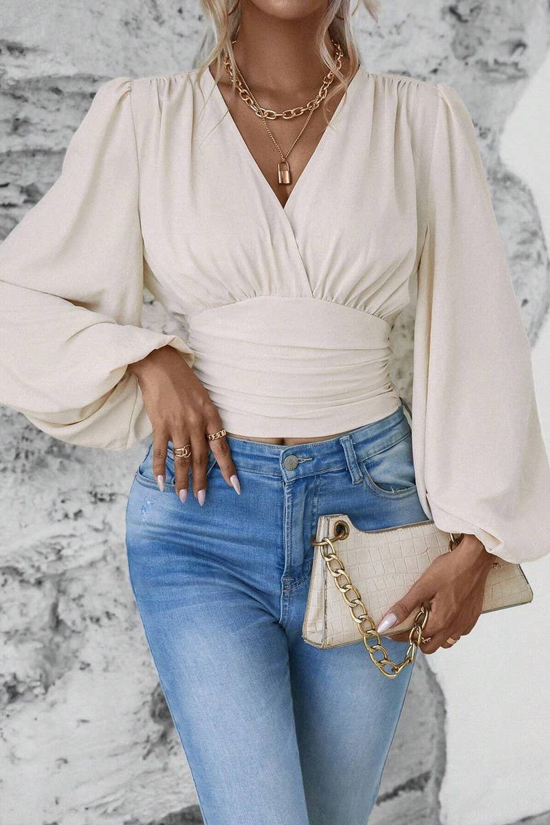 CWTTL2007_SPRING AND AUTUMN FASHION WAIST V-NECK TOP