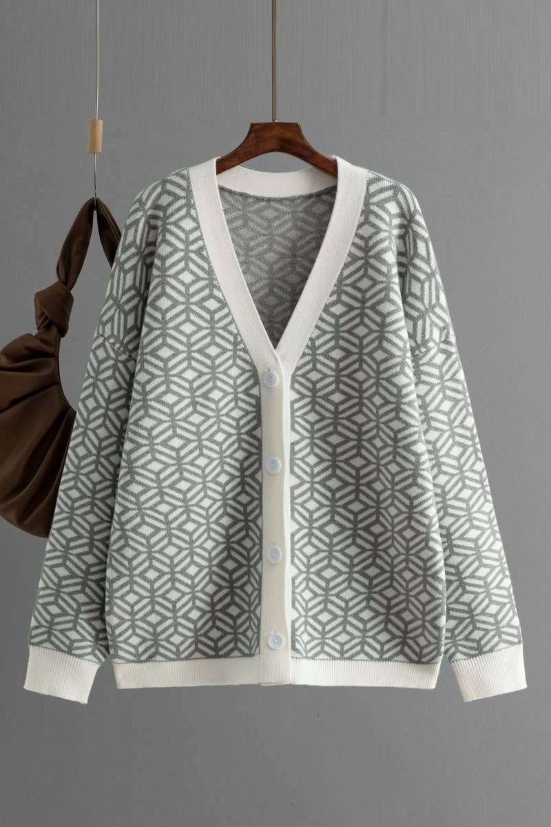 CWOCAL00674_V NECK HOUNDSTOOTH COLORBLOCK LONG CARDIGAN