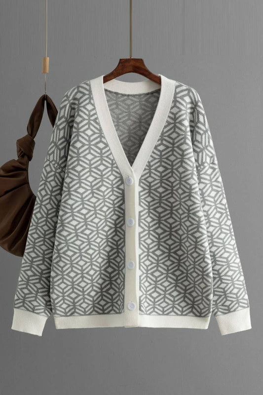 CWOCAL00674_V NECK HOUNDSTOOTH COLORBLOCK LONG CARDIGAN