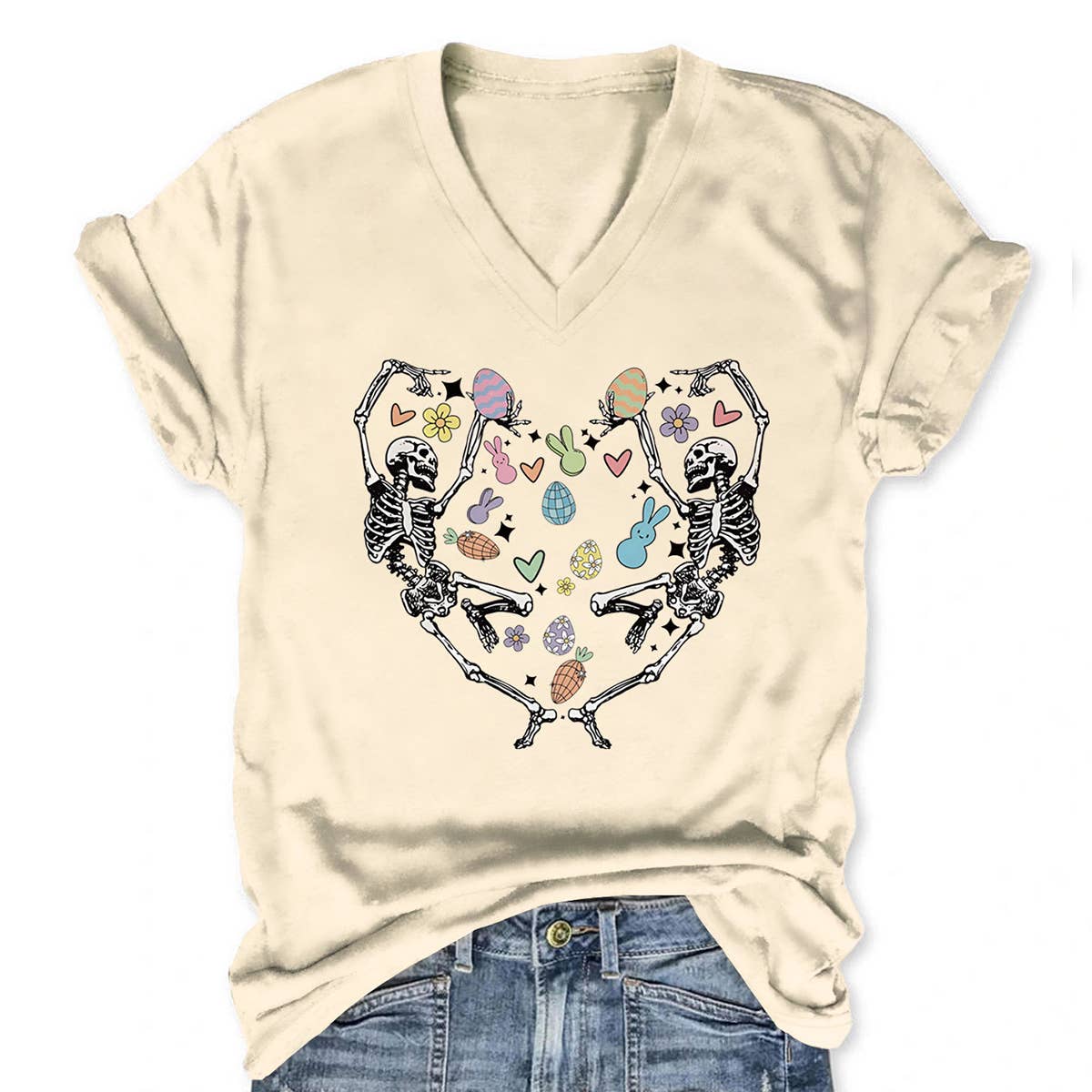 EASTER FUN PRINTED SKULL PERSONALITY VNECK TEES_CWTTS0868