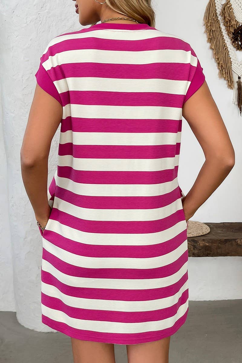 CWDSD7140_ROUND NECK STRIPED POCKET SHORT SLEEVE DRESS