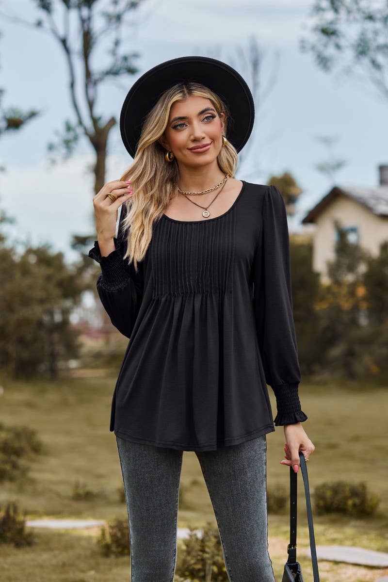 CWTBLL3687_NEW AUTUMN SOLID COLOR ROUND NECK DRAW CUFFS TOP