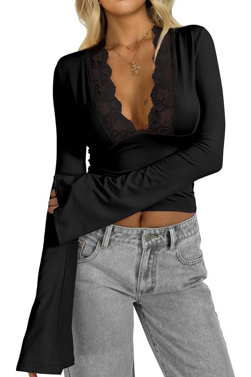 CWTBLL3700_V-NECK LACE STITCHING LONGSLEEVED BOTTOMING SHIRT