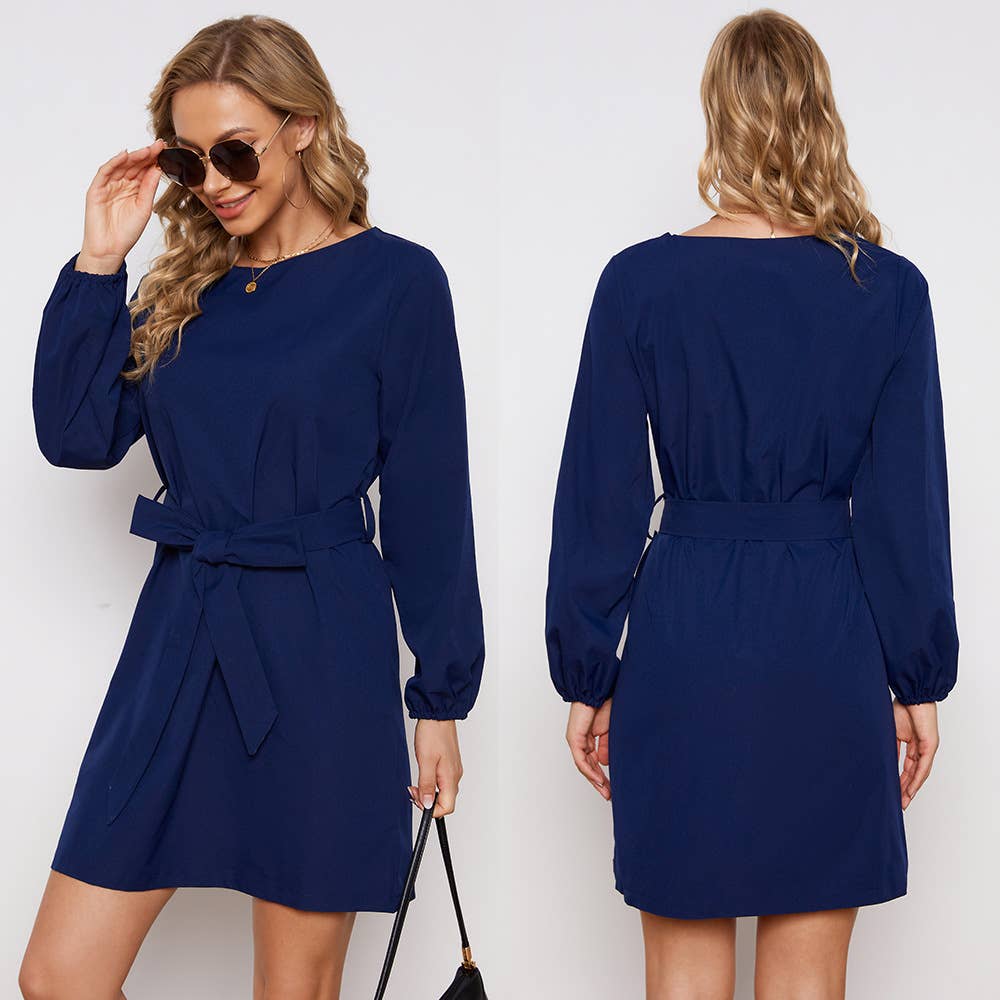 CREW-NECK SOLID COLOR LACE-UP LONG-SLEEVED DRESS