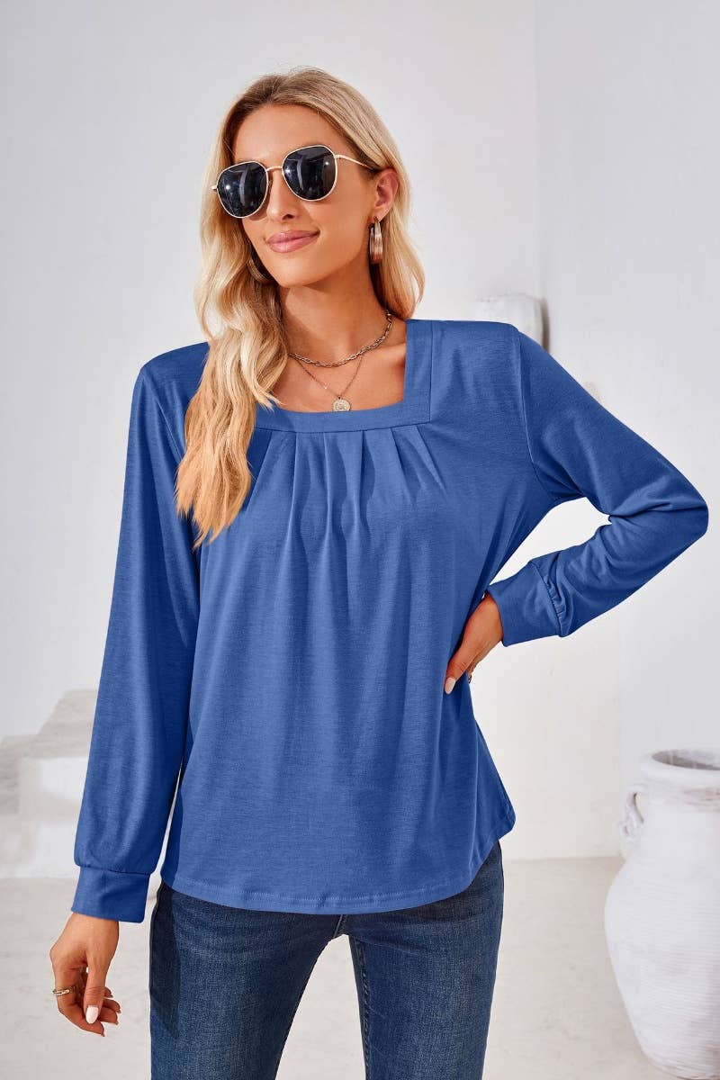 CWTBLL2796_FALL SQUARE NECK PLEATED LONG SLEEVE TOP