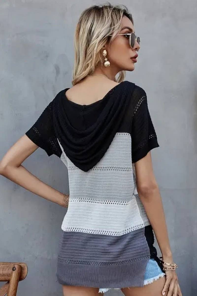 CWTTS1304_SPRING AND SUMMER STRIPED HOODED T-SHIRT