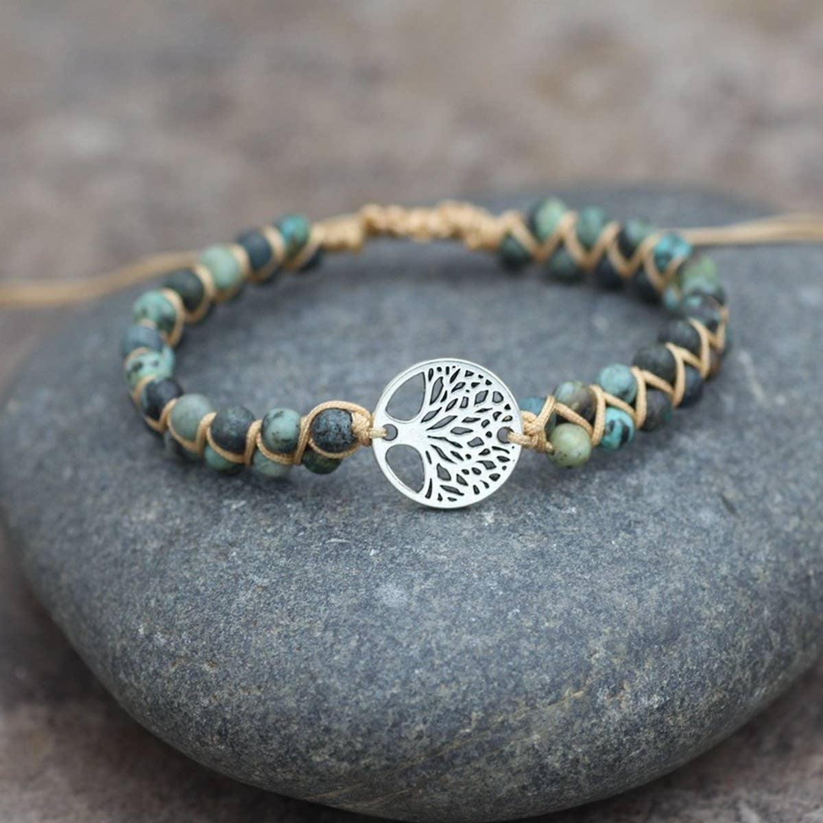 TREE SHAPED PENDANT NATURAL STONE WOVEN BRACELET