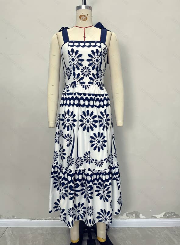 Casual bow shoulder strap printed long dress