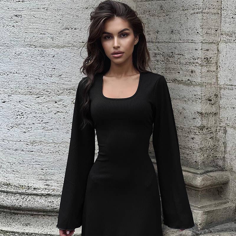 BIG PIT STRIP LONG SLEEVE U-NECK DRESS