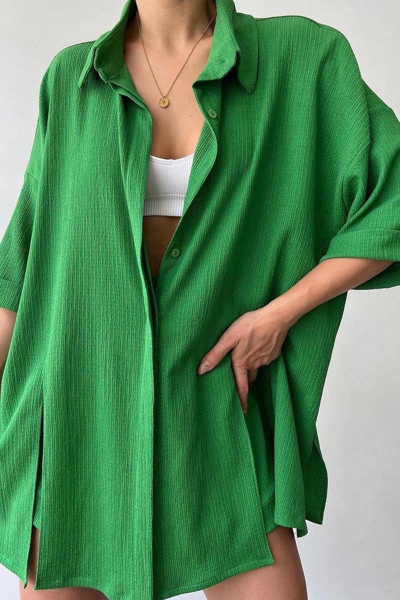 CWSTB1364_SOLID COLOR SLIT MID-SLEEVE SHIRT AND SHORTS SET