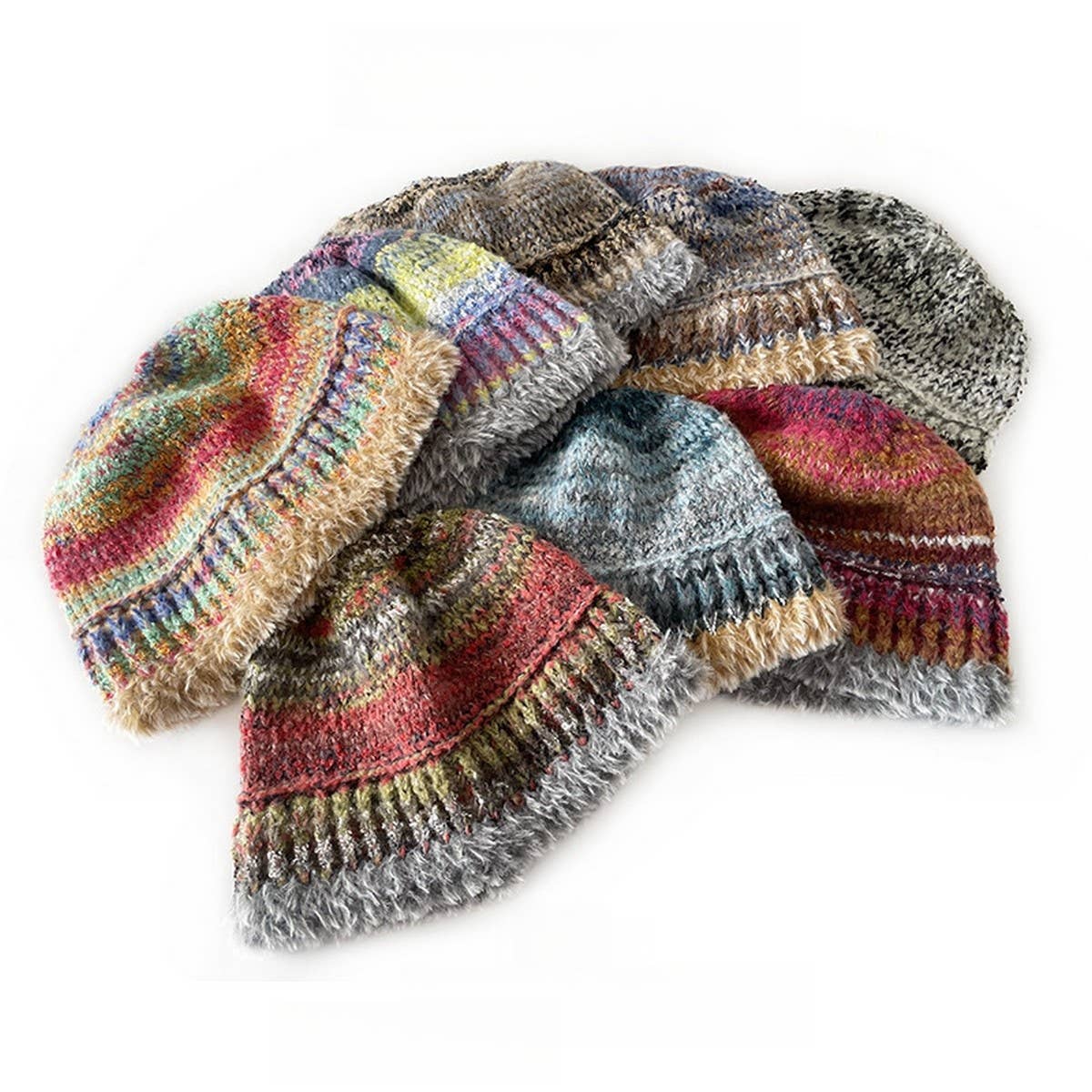 ADULT KNITTED HAT COLORFUL STRIPED BUCKET HAT_CWAH2051