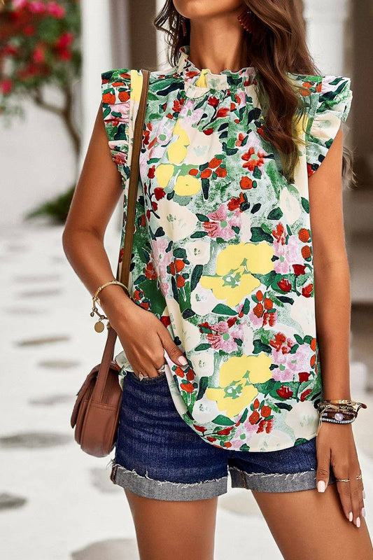 CWTBLSL0061_Round Neck Floral Ruffle Sleeveless Top