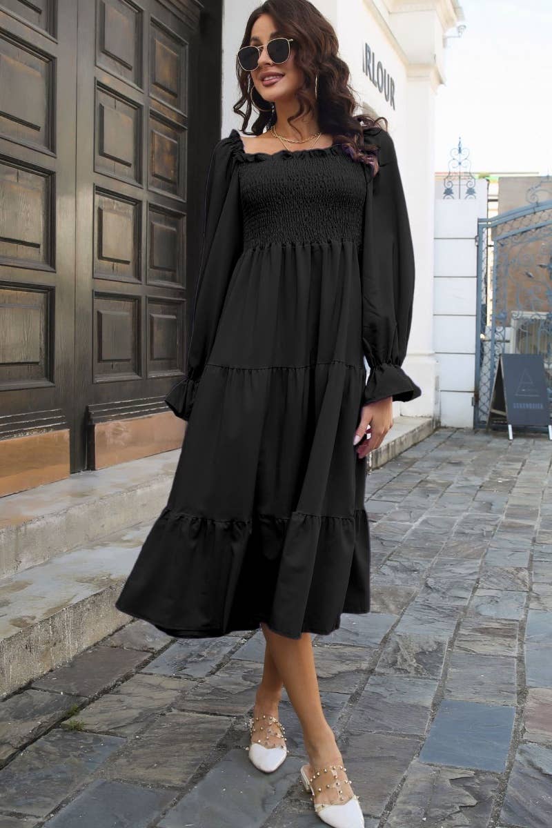 CWDMD3954_OFF-THE-SHOULDER DRESS WITH FLARED SLEEVES LONG