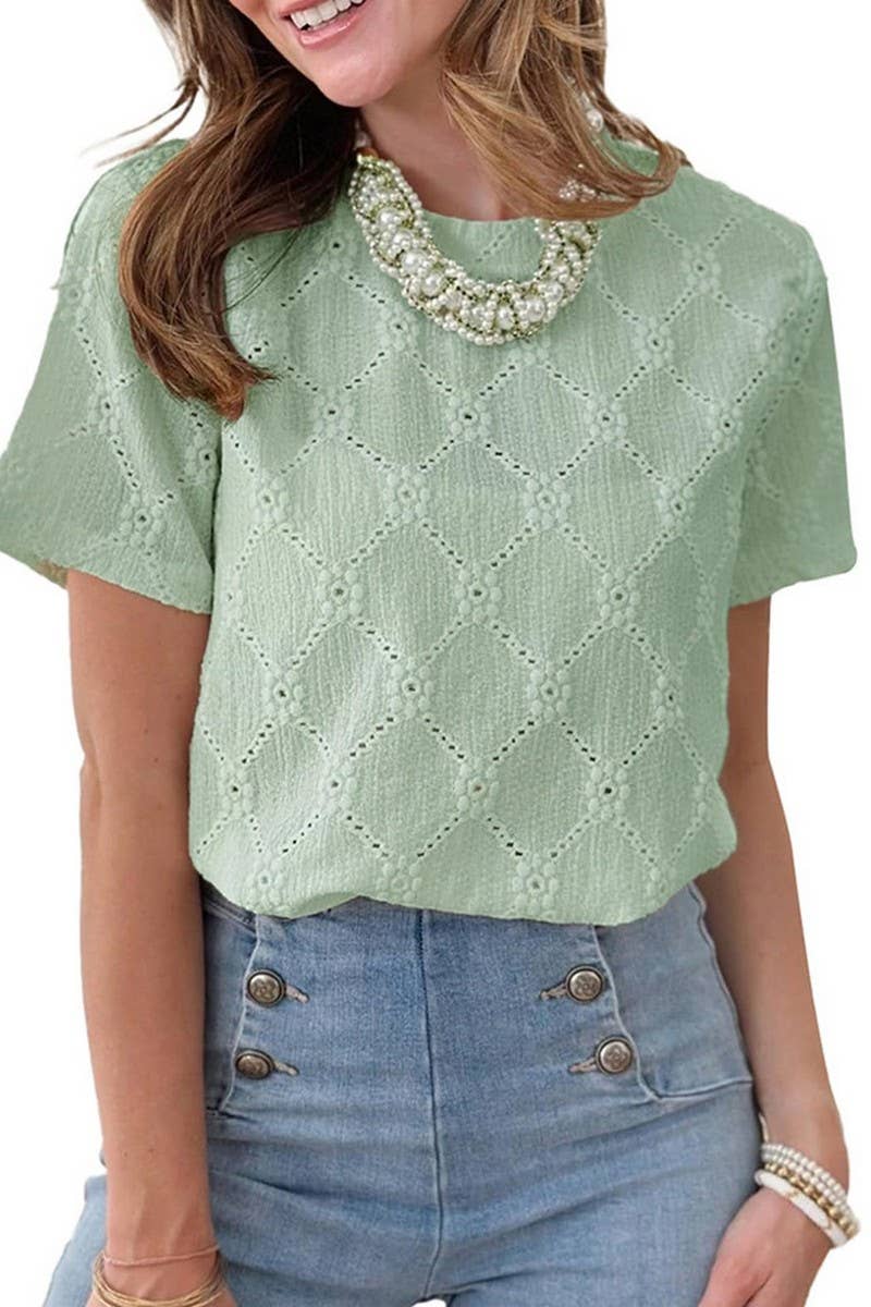 CWTTS1372_SUMMER ROUND NECK JACQUARD SHORT-SLEEVED T-SHIRT