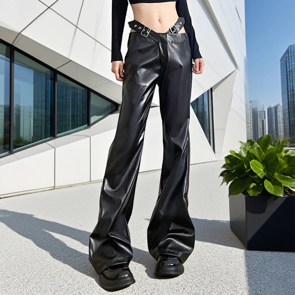 Button-up waist cutout PU leather casual pants