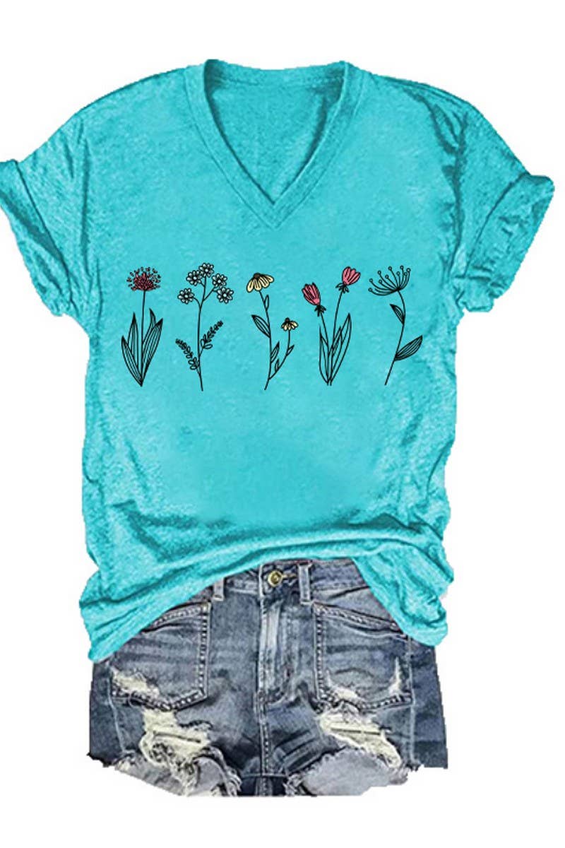 CWTTS1067_SMALL FLOWER PRINT V NECK SHORT SLEEVED T SHIRT