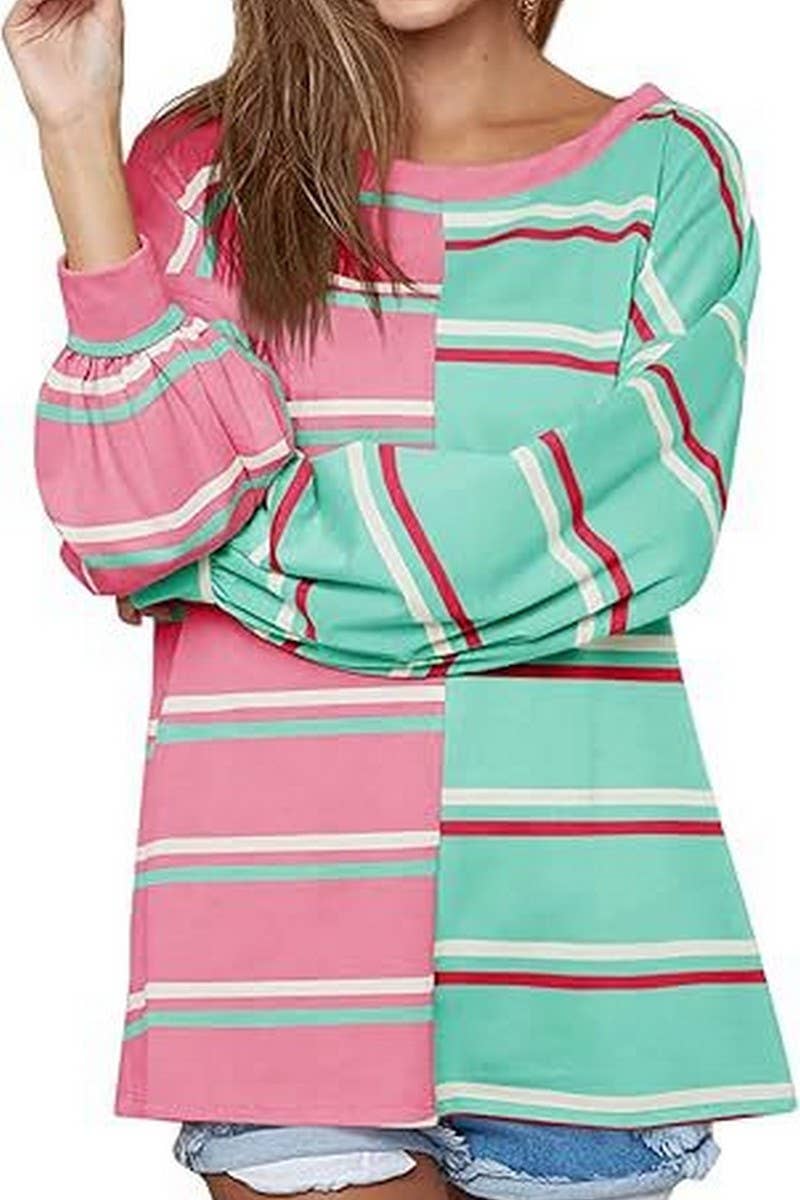 CWTBLL3903_LOOSE CASUAL STRIPED KNIT LONG SLEEVE SWEATSHIRT