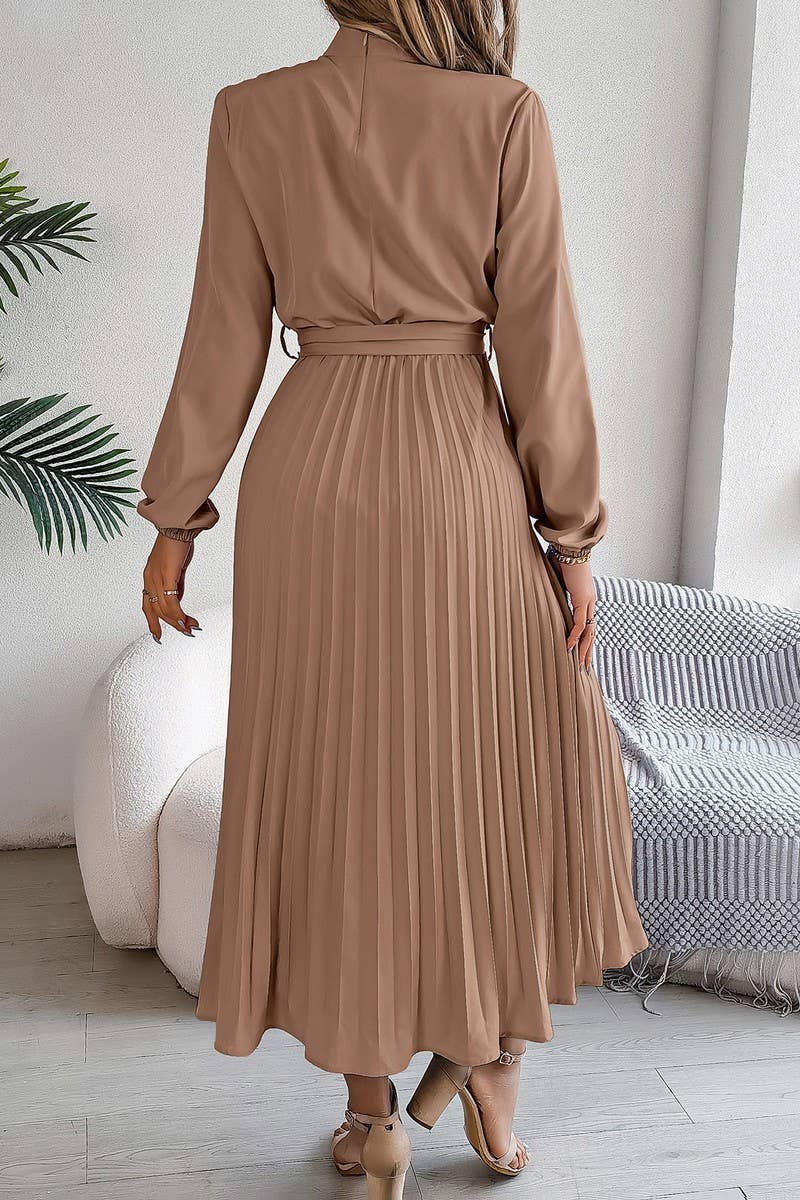 CWDMD3430_TIE STAND COLLAR PLEATED MAXI DRESS