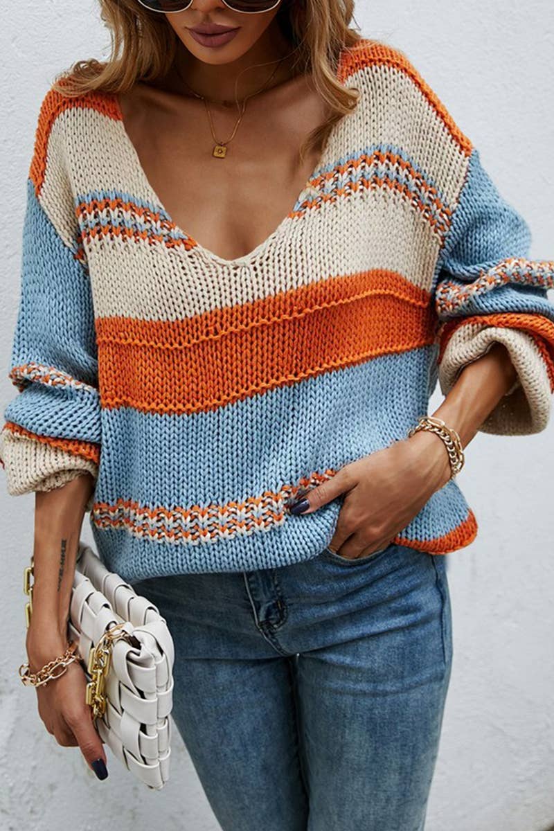 CWOSWL1726_V-neck Long Sleeve Pullover Sweater