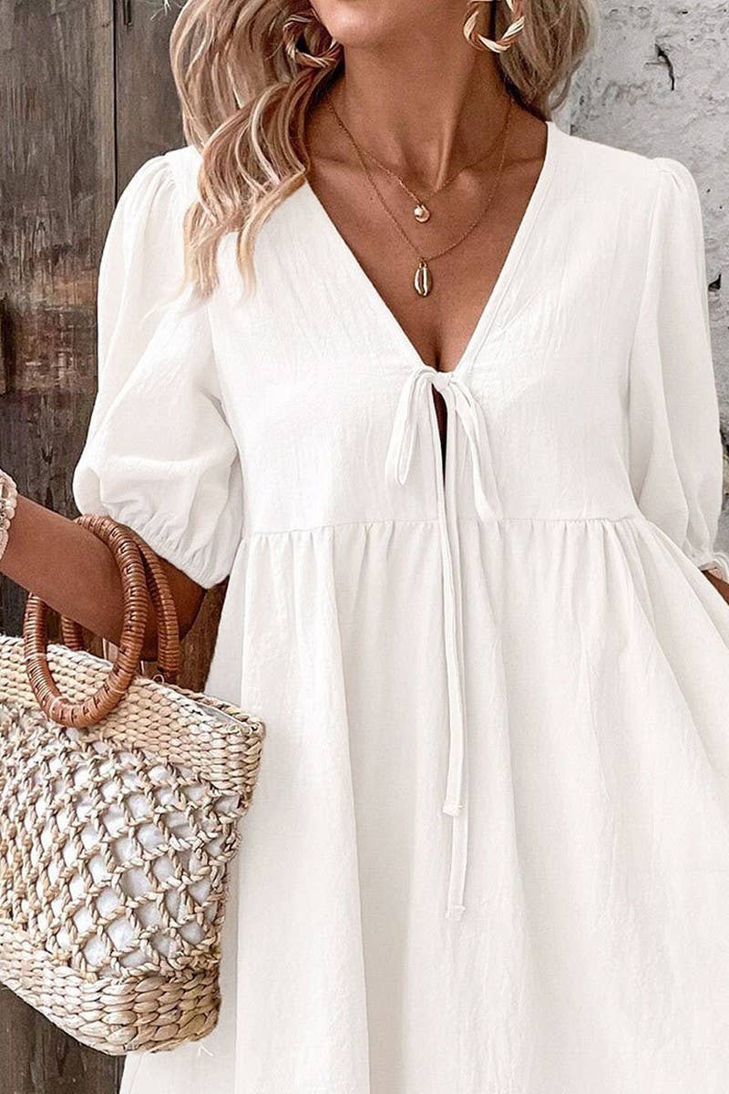 CWDSD8449_DEEP V TIE FRONT LOOSE A-LINE WOVEN DRESS