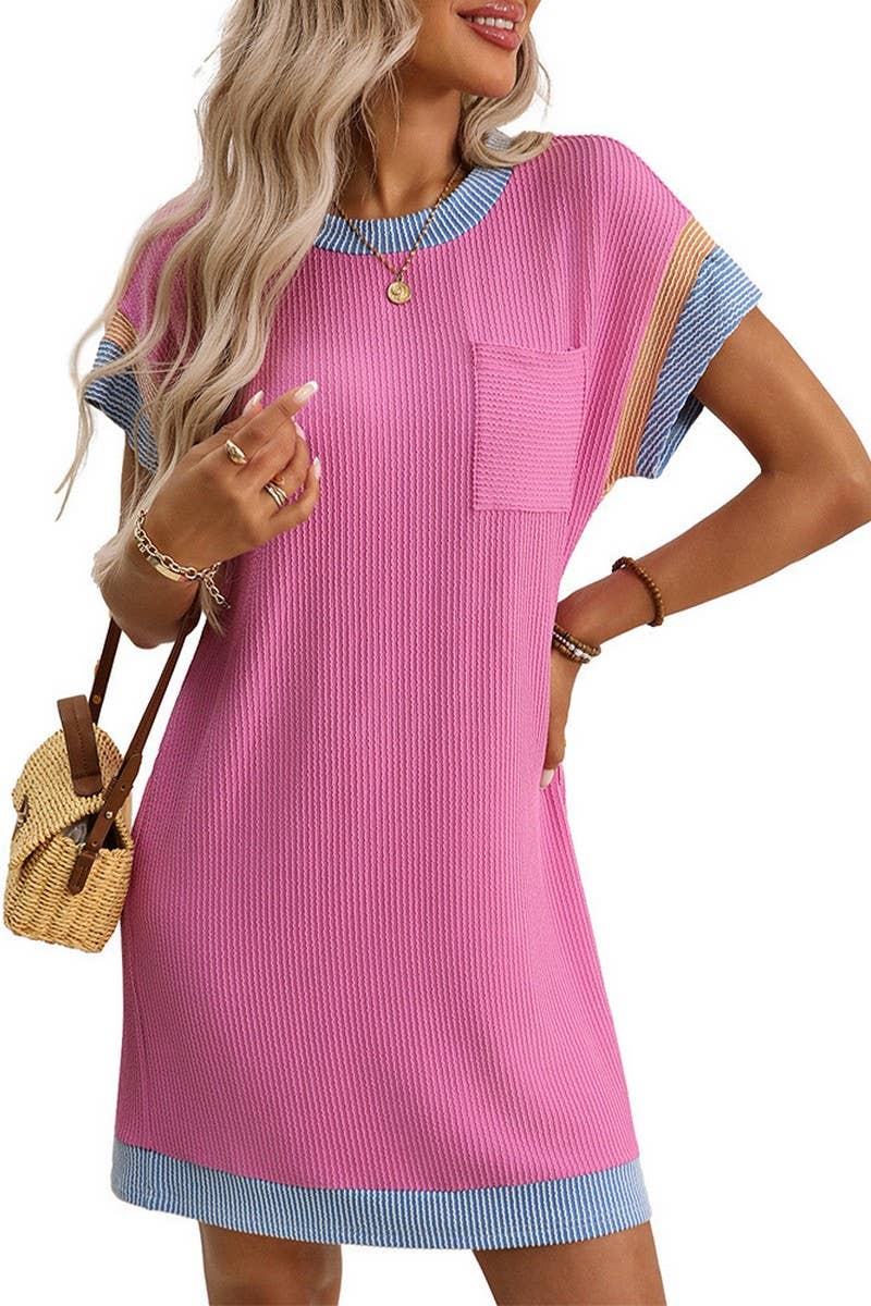 CWDSD8677_COLORBLOCK TWISTED STRIPE POCKET T-SHIRT DRESS