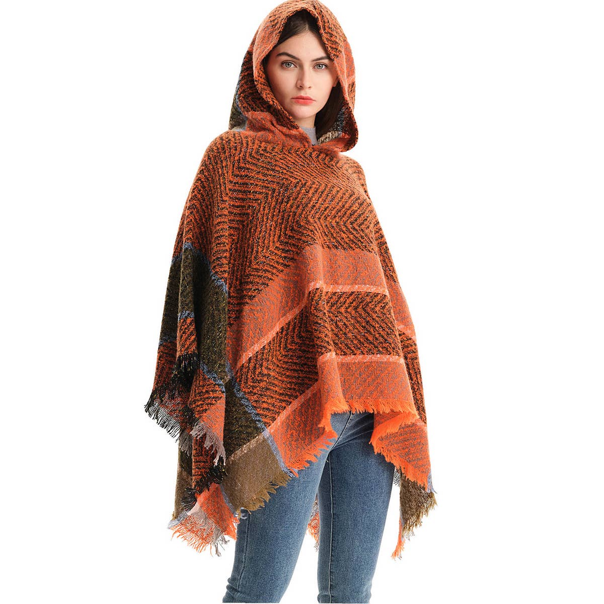 WOMEN HERRINGBONE PATTERN HOODED SHAWL