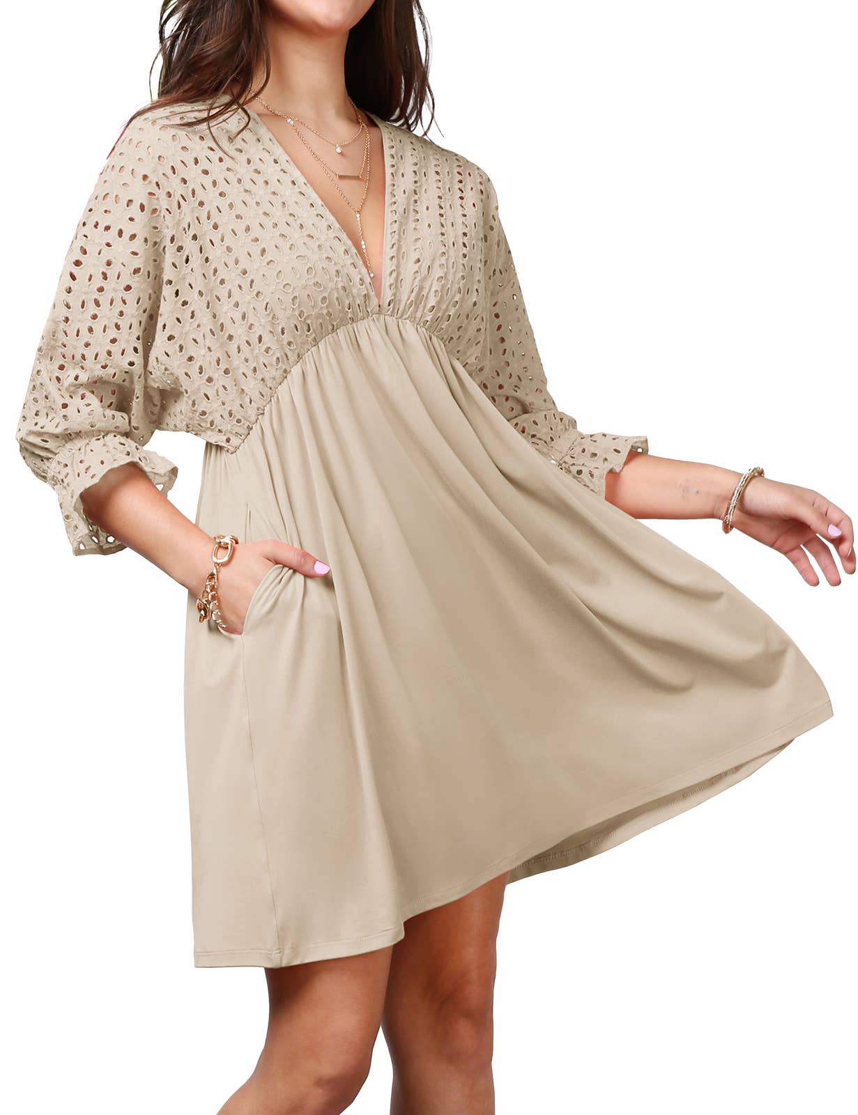 CWDSD10370_COTTON EYELET CONT BODICE WITH 3/4 SLEEVE DRESS