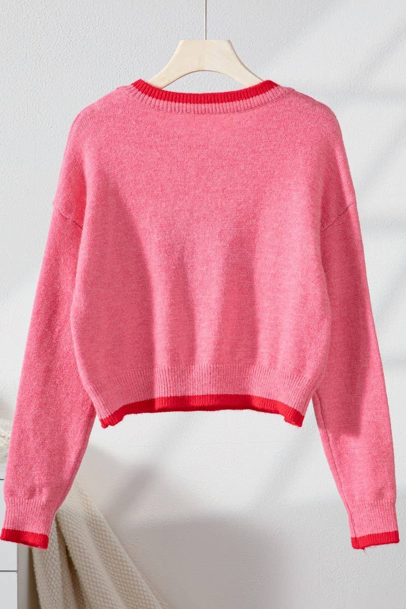 CWOSWL6958_SHORT STRAWBERRY PATTERN LONG SLEEVE KNIT SWEATER
