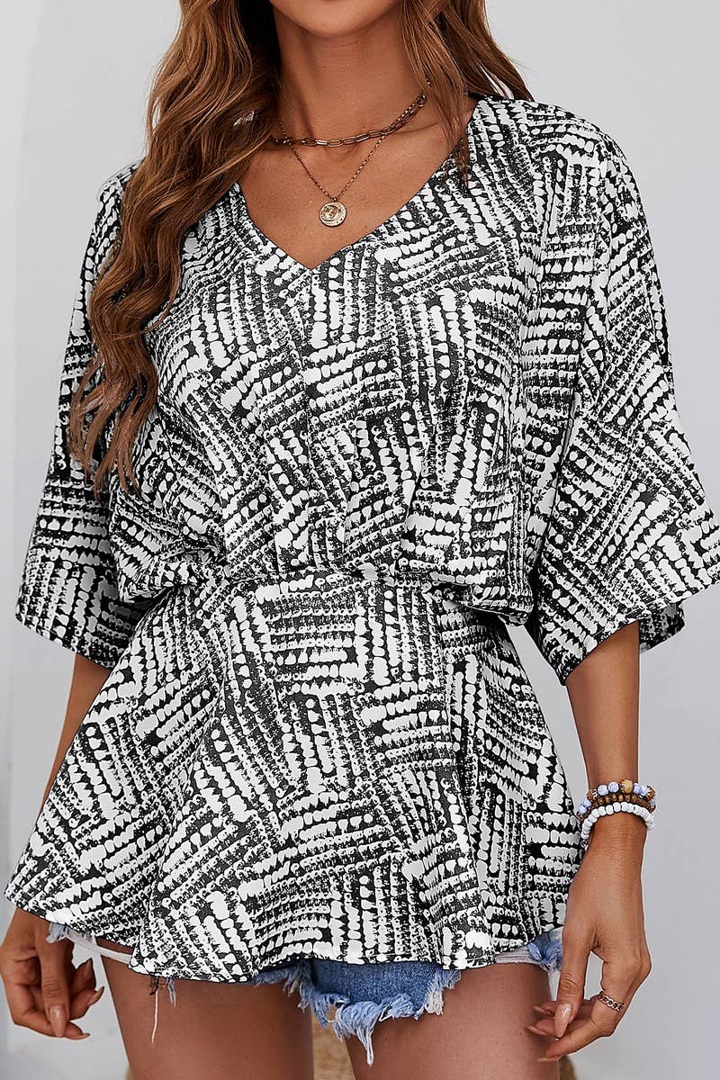 CWTBLS1802_V-NECK BAT SLEEVE LOOSE SHORT-SLEEVED PRINTED TOP