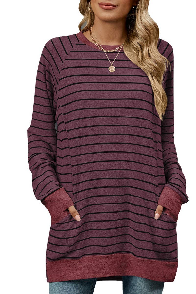 CWTBLL2360_STRIPED CONTRAST POCKET MID-LENGTH SWEATSHIRT