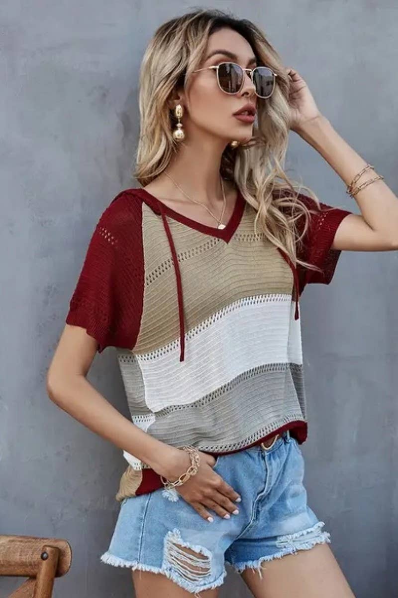 CWTTS1304_SPRING AND SUMMER STRIPED HOODED T-SHIRT